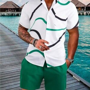 Stylish White and Green Short Sleeve Shirt and Shorts Set